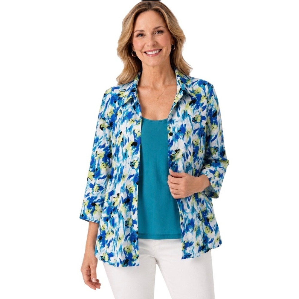 Just My Size JMS Teal & Blue Blaze Abstract Floral Button Front Shirt W/ Tank 3X